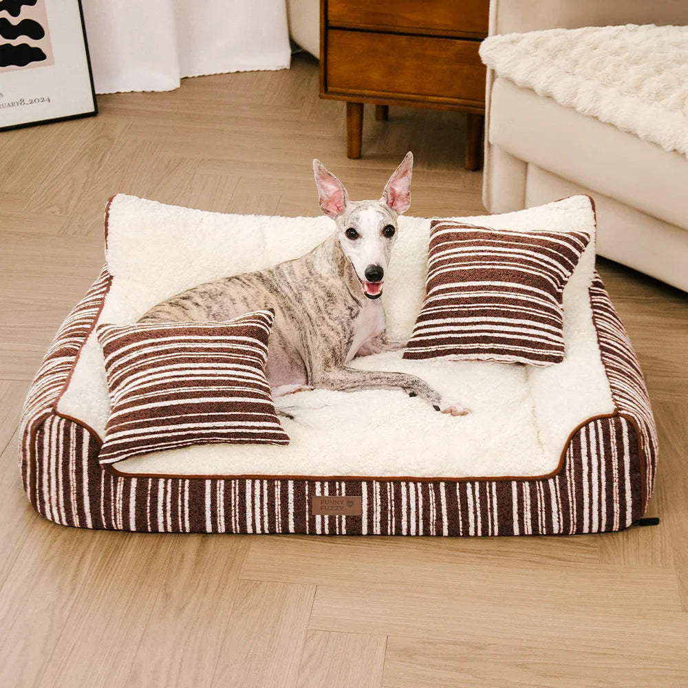 Plush Warm Stripe Orthopaedic Dog & Cat Sofa Bed With Pillows - Grove Couch