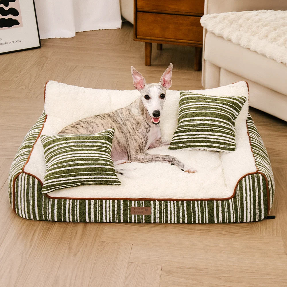Plush Warm Stripe Orthopaedic Dog & Cat Sofa Bed With Pillows - Grove Couch