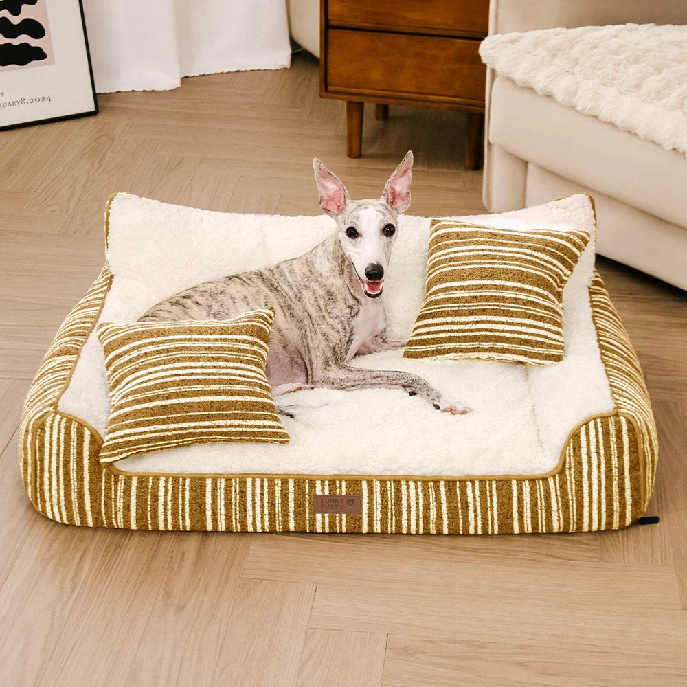 Plush Warm Stripe Orthopaedic Dog & Cat Sofa Bed With Pillows - Grove Couch