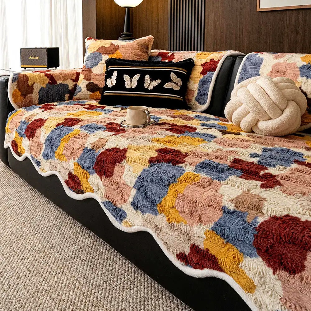 Stylish Colour-Blocked Faux Rabbit Fur Soft Non-Slip Irregularly Shaped Sofa Cover