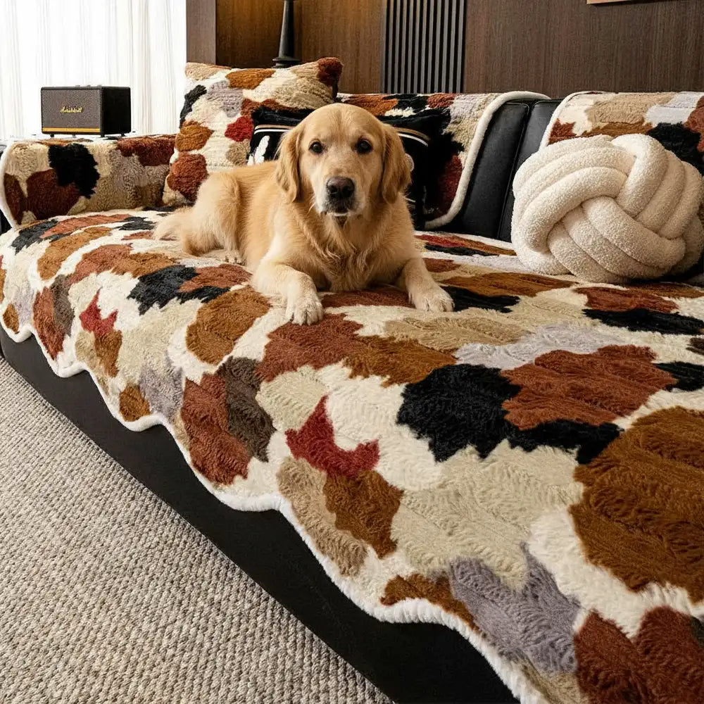 Stylish Colour-Blocked Faux Rabbit Fur Soft Non-Slip Irregularly Shaped Sofa Cover