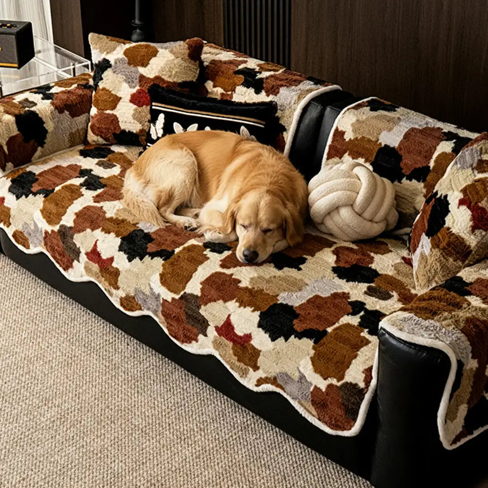 Stylish Colour-Blocked Faux Rabbit Fur Soft Non-Slip Irregularly Shaped Sofa Cover