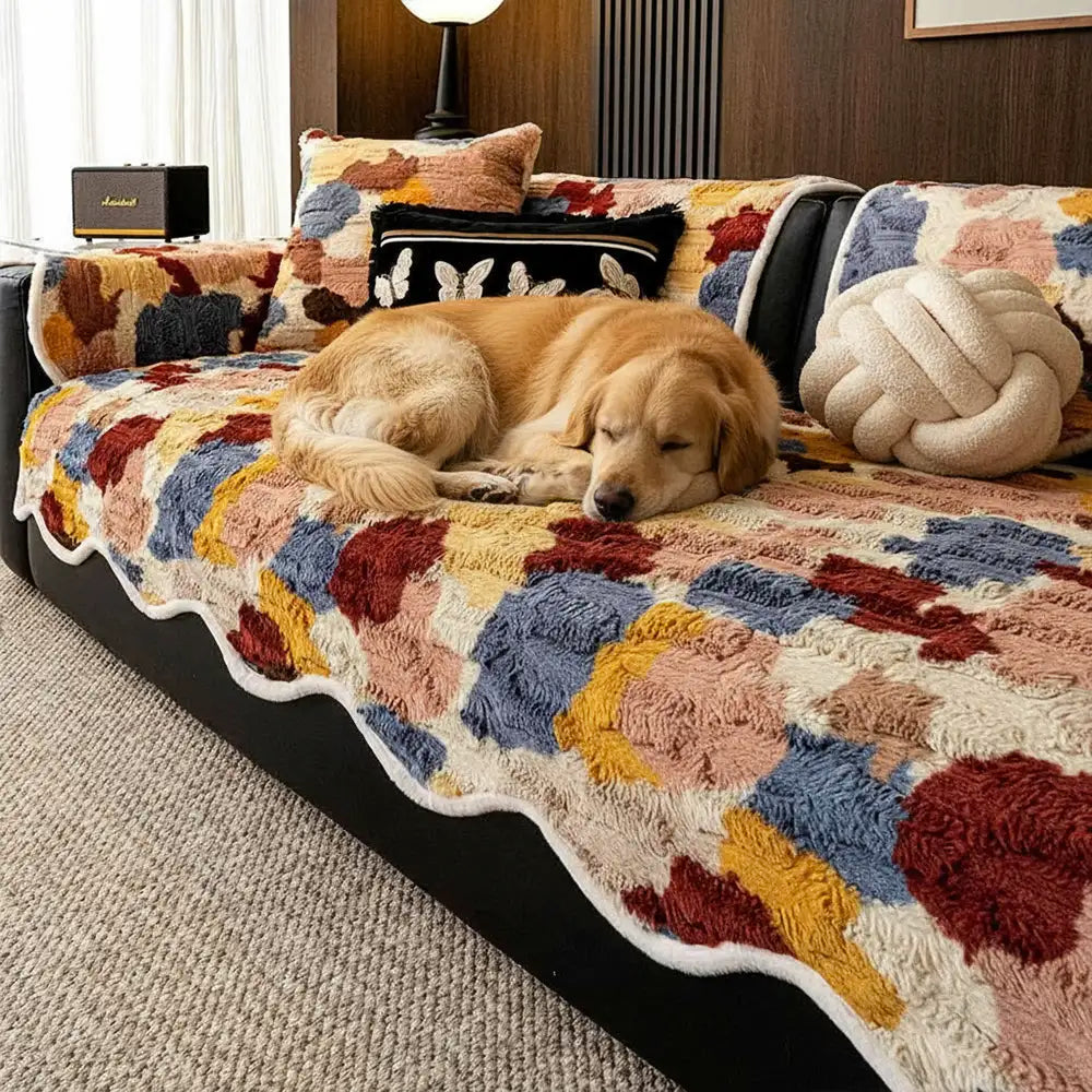 Stylish Colour-Blocked Faux Rabbit Fur Soft Non-Slip Irregularly Shaped Sofa Cover