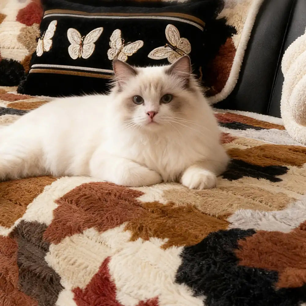 Stylish Colour-Blocked Faux Rabbit Fur Soft Non-Slip Irregularly Shaped Sofa Cover