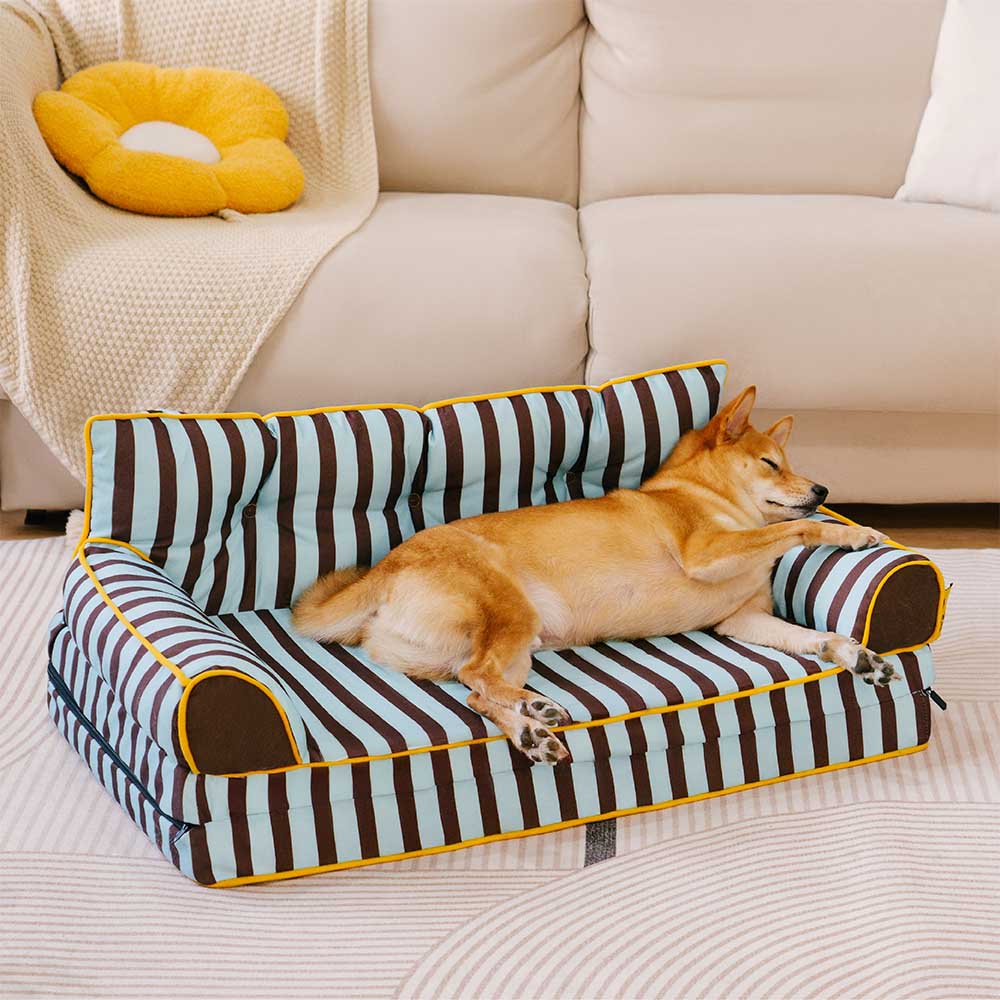 Stripe Waterproof Foldable Large Dog Sofa Bed for Crate