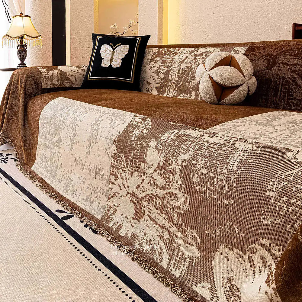 Vintage Botanical Jacquard Chenille Scratch-Resistant Sofa Throw Blanket Sofa Cover