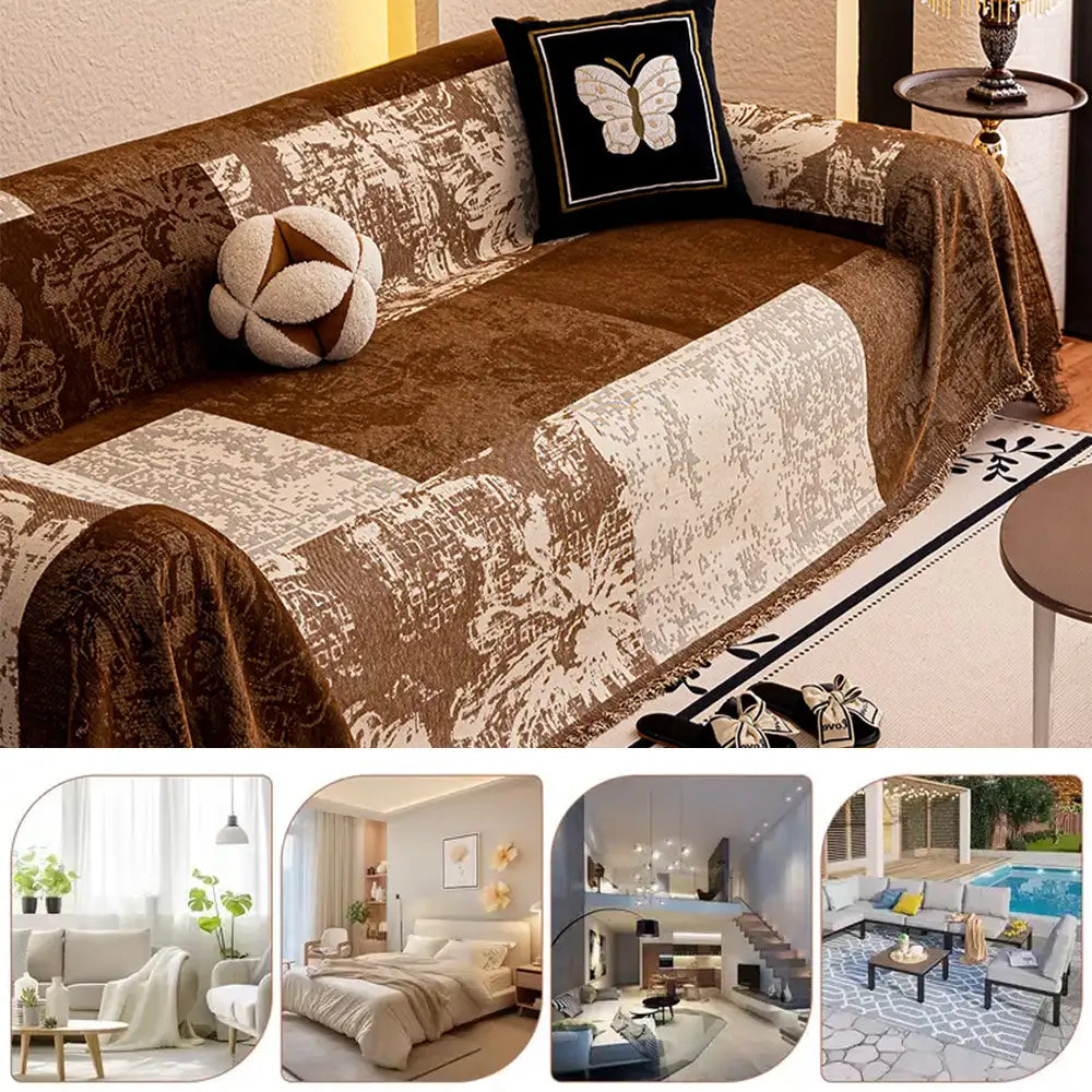 Vintage Botanical Jacquard Chenille Scratch-Resistant Sofa Throw Blanket Sofa Cover
