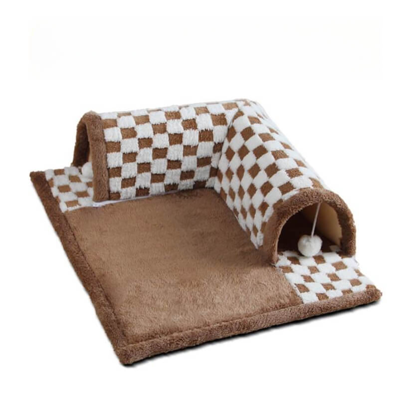 2-in-1 Funny Plush Plaid Cat Tunnel Cat Bed