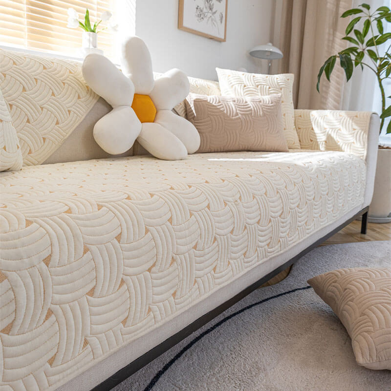 Weave Pattern Cotton Quilted Sectional Sofa Cover