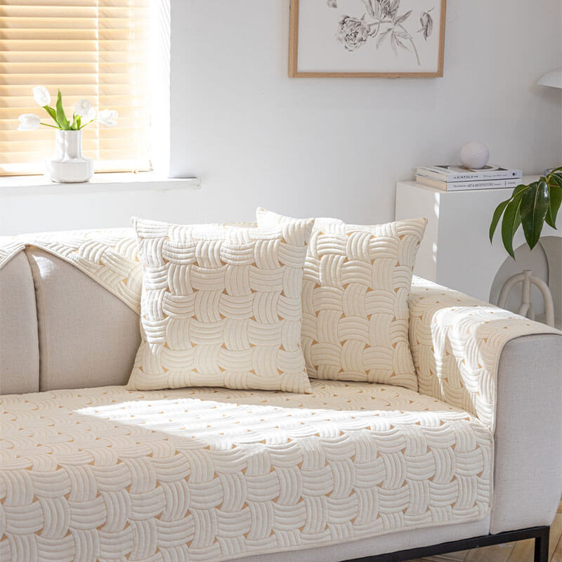 Weave Pattern Cotton Quilted Sectional Sofa Cover