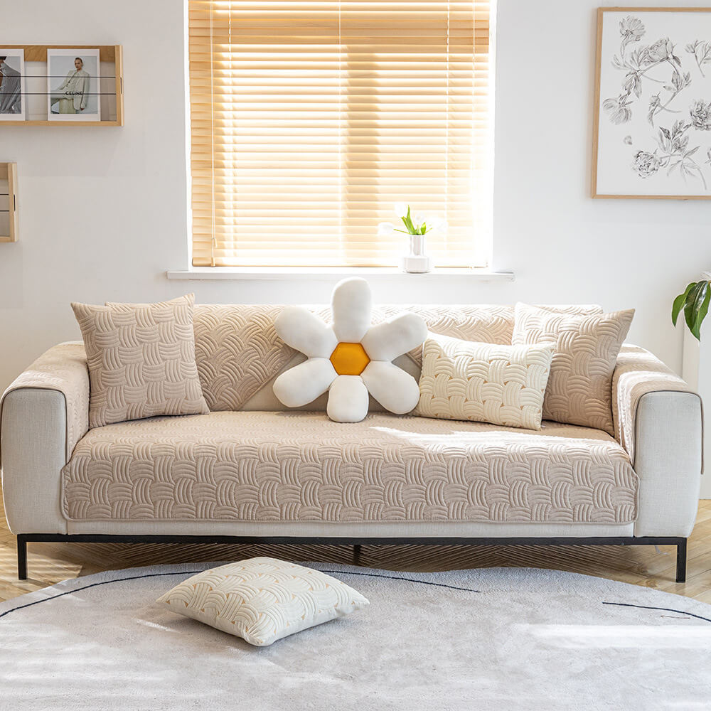 Weave Pattern Cotton Quilted Sectional Sofa Cover