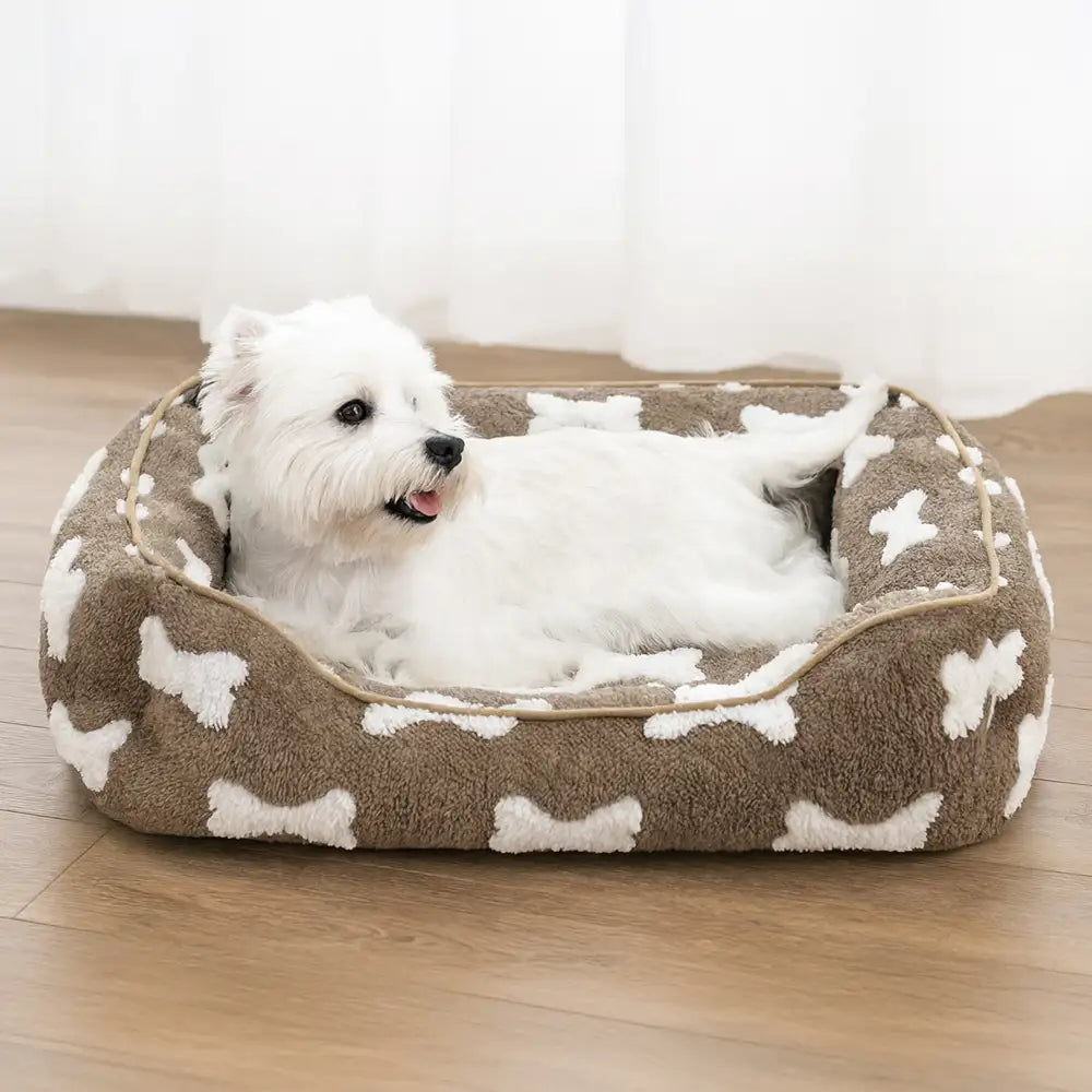 Plush Bone Pattern Square Deep Sleep Dog Bed