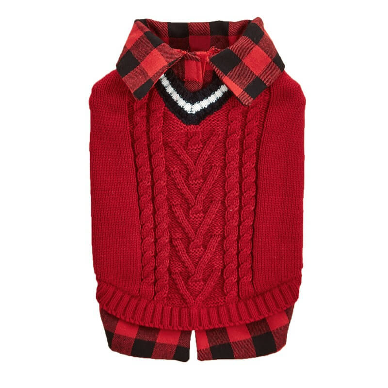 Perfect for Fall Winter Plaid Collar Cable Knit Dog Jumper Vest