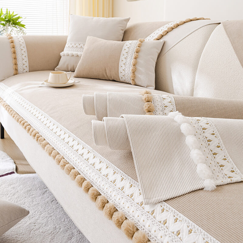 All-Season Waterproof Anti-Scratch Soft Corduroy Sofa Cover with Pom-poms