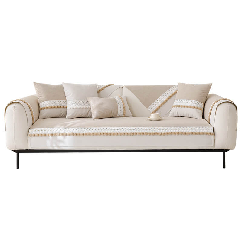 All-Season Waterproof Anti-Scratch Soft Corduroy Sofa Cover with Pom-poms