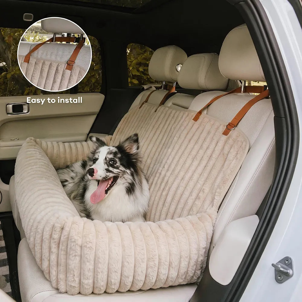 Waterproof Ribbed Plush Bolster Dog Car Seat Bed & Safety Tethers