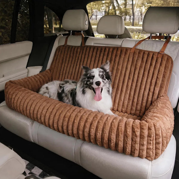 Waterproof Ribbed Plush Bolster Dog Car Seat Bed & Safety Tethers