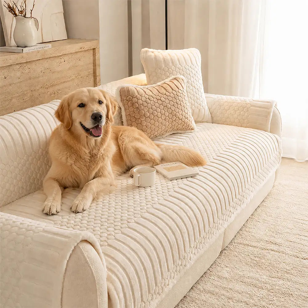 Striped & Bubble-Textured Plush Non-Slip Sofa Cover
