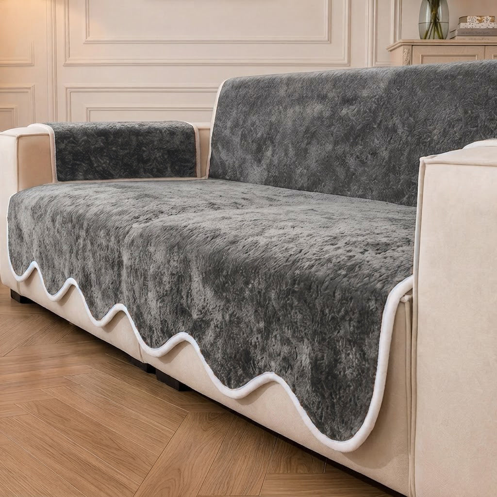 Waterproof Plush Velvet Contrast Wavy Edge Sofa Cover