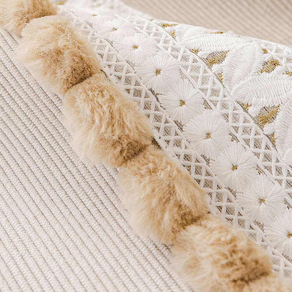 All-Season Waterproof Anti-Scratch Soft Corduroy Sofa Cover with Pom-poms