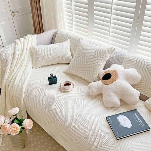 Minimalist All-Season Solid Cotton Geometric Quilted Anti-Slip Sofa Cover