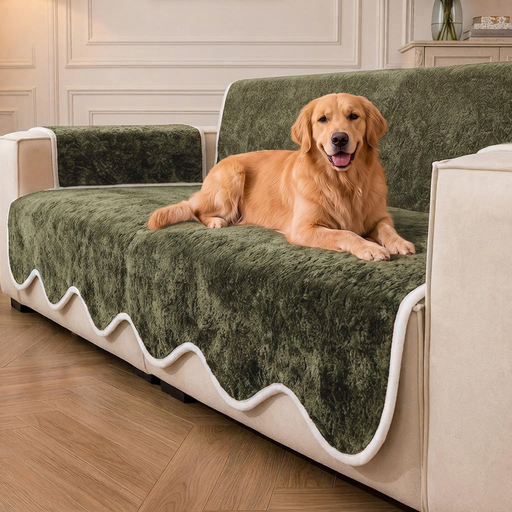 Waterproof Plush Velvet Contrast Wavy Edge Sofa Cover