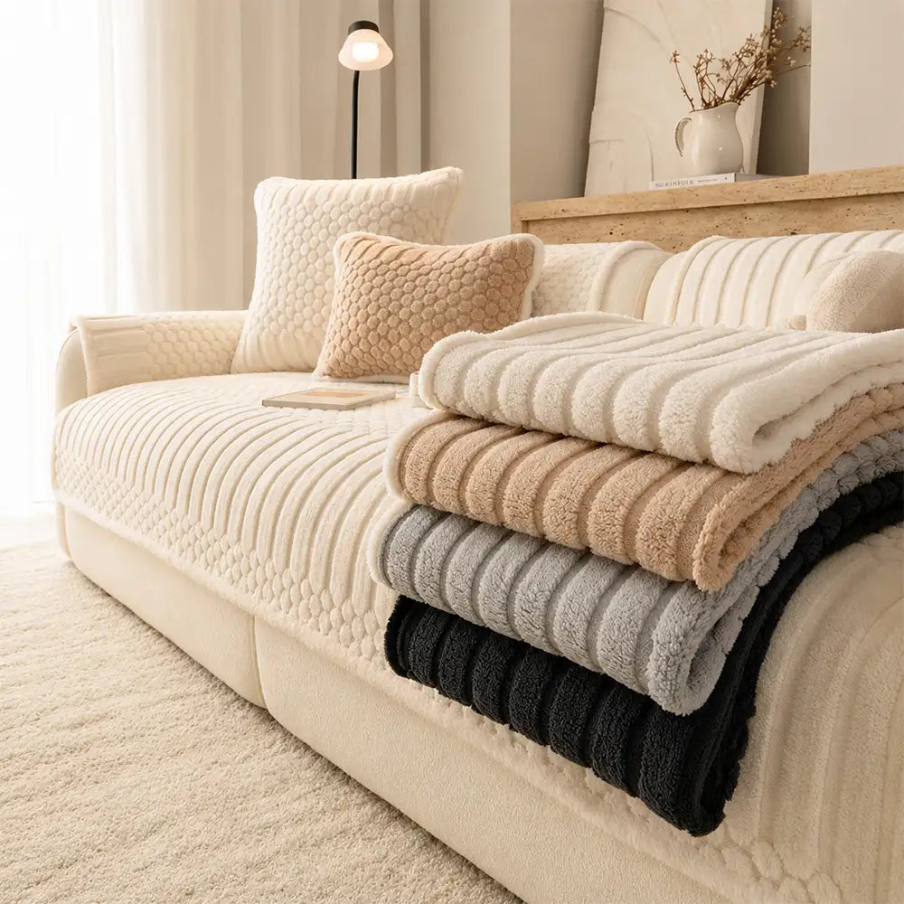 Striped & Bubble-Textured Plush Non-Slip Sofa Cover