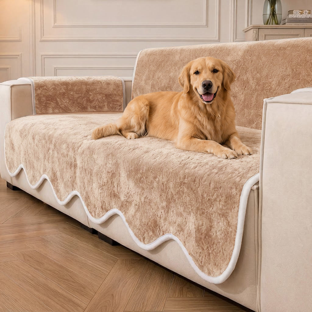 Waterproof Plush Velvet Contrast Wavy Edge Sofa Cover