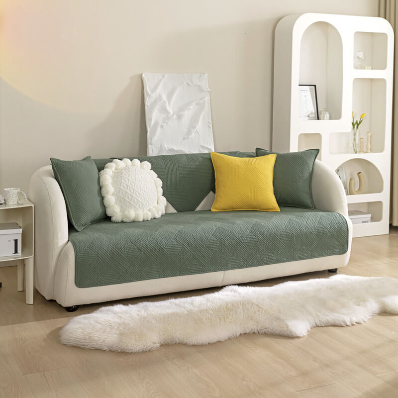 Minimalist All-Season Solid Cotton Geometric Quilted Anti-Slip Sofa Cover