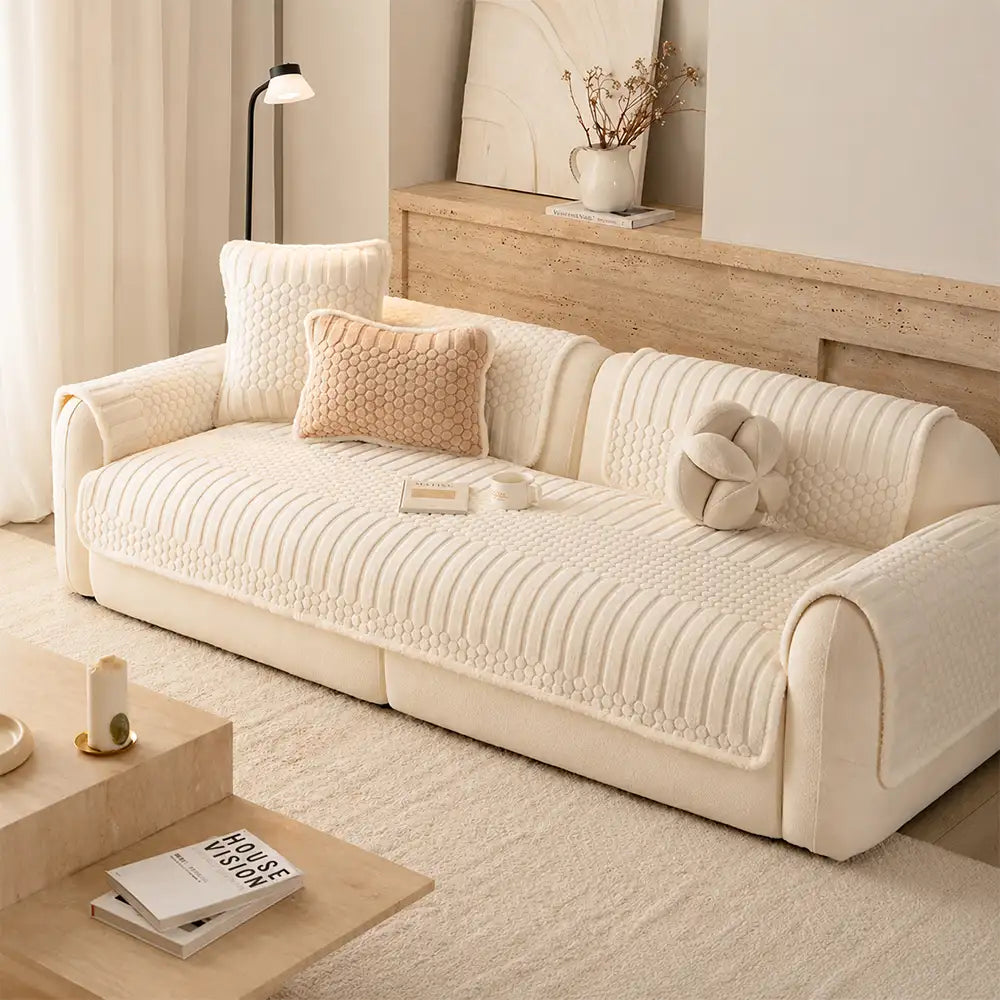 Striped & Bubble-Textured Plush Non-Slip Sofa Cover