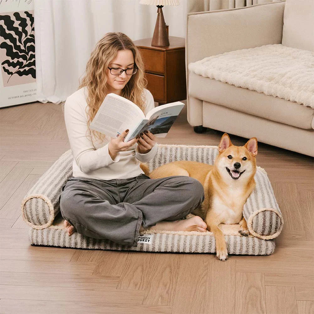 Fluffy Stripe Washable Orthopaedic Dog & Cat Sofa Bed - Latte Nooki