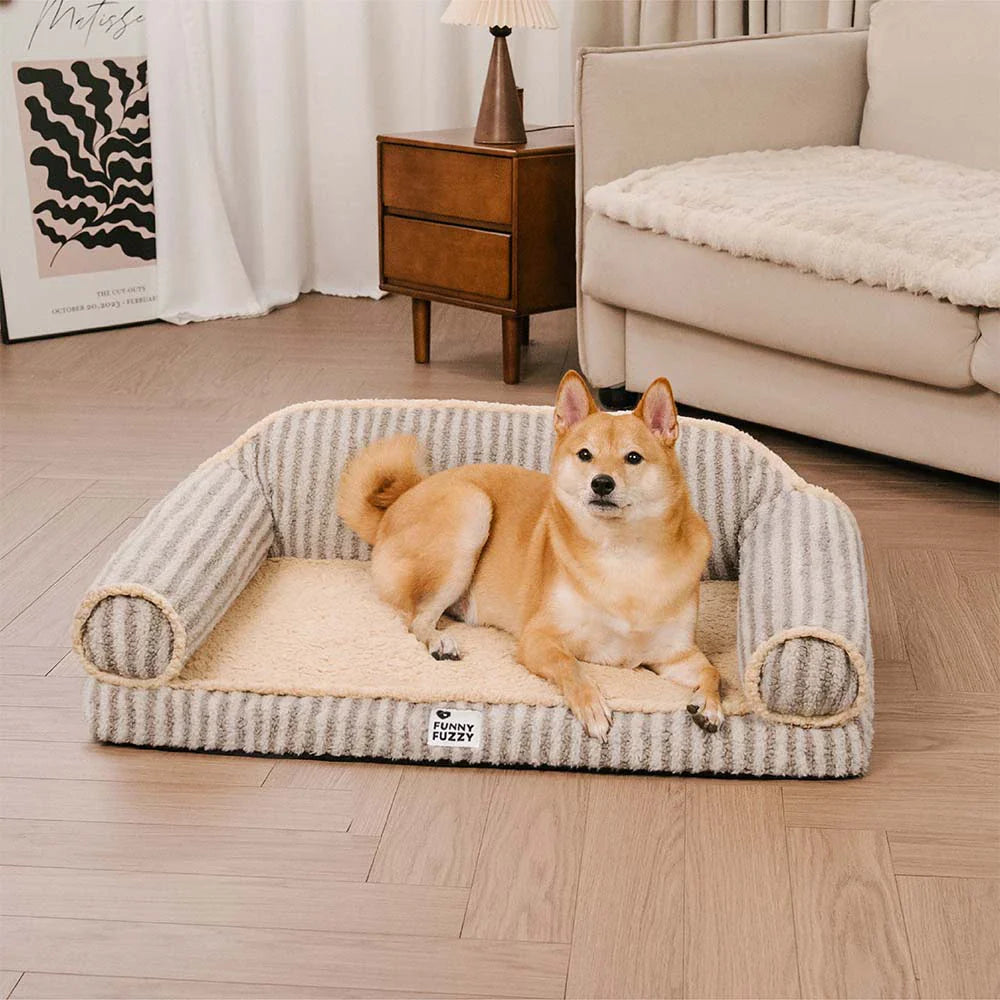 Fluffy Stripe Washable Orthopaedic Dog & Cat Sofa Bed - Latte Nooki