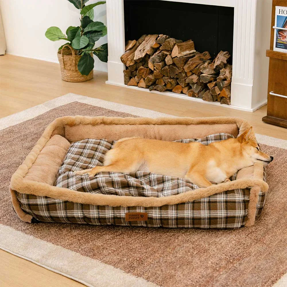 Vintage Chequered Washable Plush Cosy Bolster Dog Bed – TuckNap