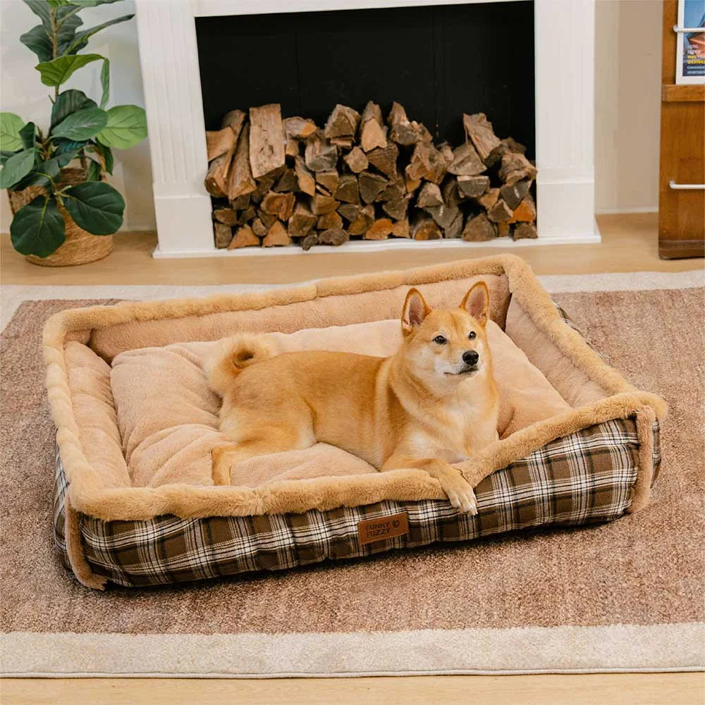 Vintage Chequered Washable Plush Cosy Bolster Dog Bed – TuckNap