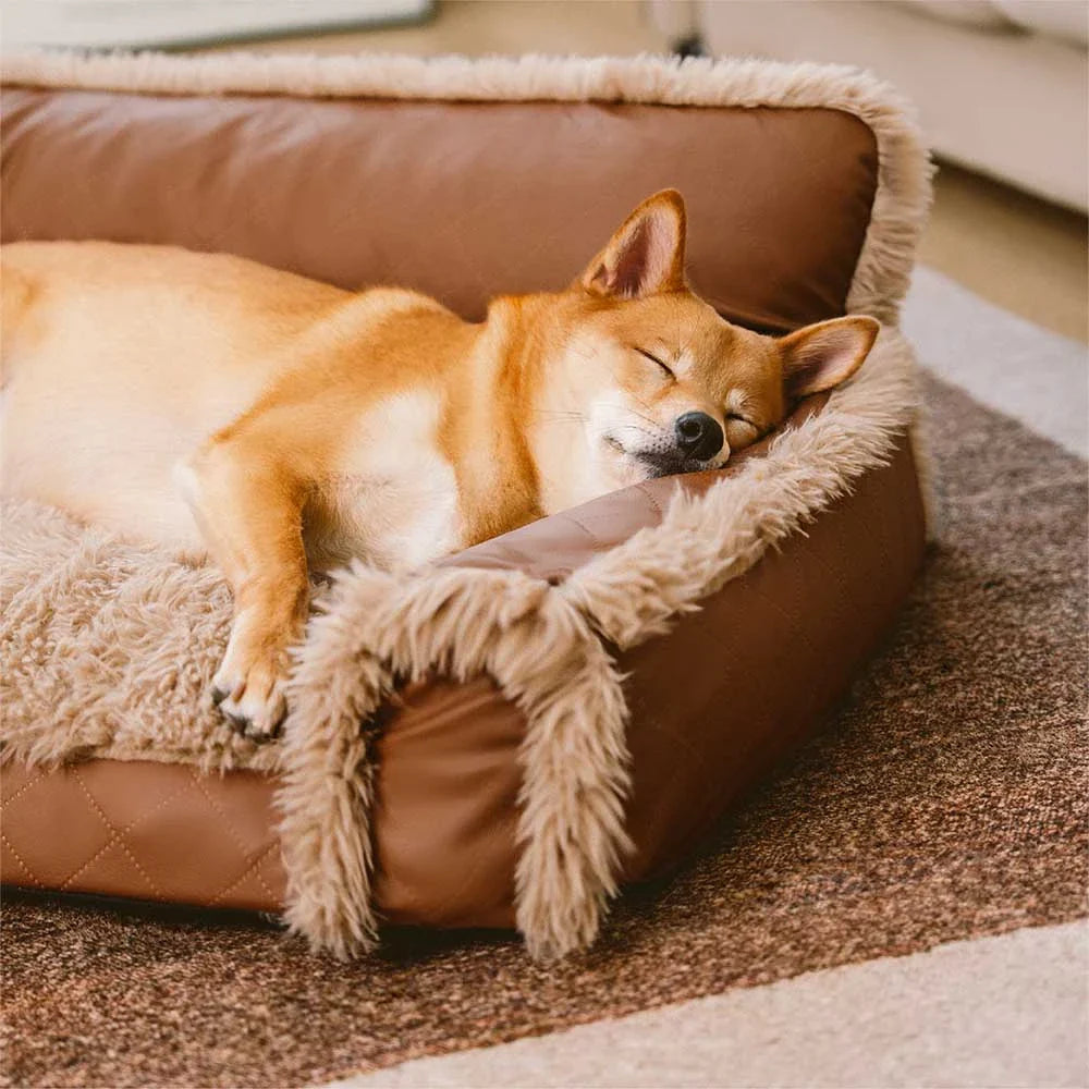Luxe Faux Leather＆Plush Removable Sponge Orthopaedic Dog Bed - WarmRest