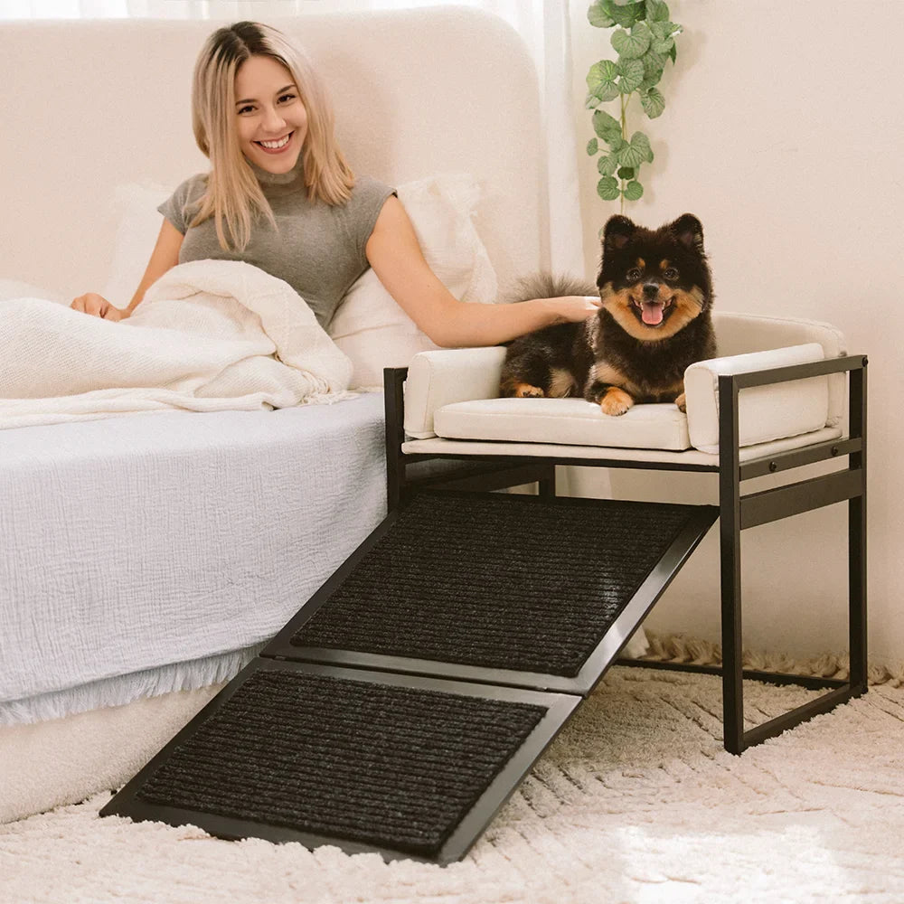 Elevated Pet Sofa Bed with Stairs Ramp for Bedside Lounge or Dog Window Perch - Pet-Friendly Bedroom