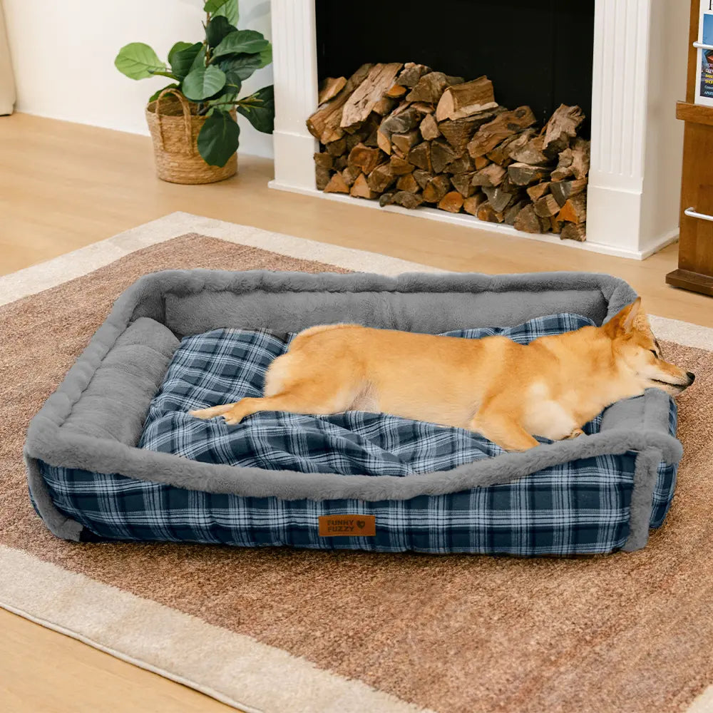 Vintage Chequered Washable Plush Cosy Bolster Dog Bed – TuckNap