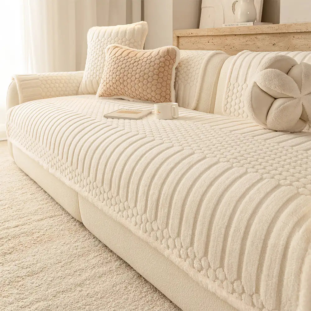 Striped & Bubble-Textured Plush Non-Slip Sofa Cover