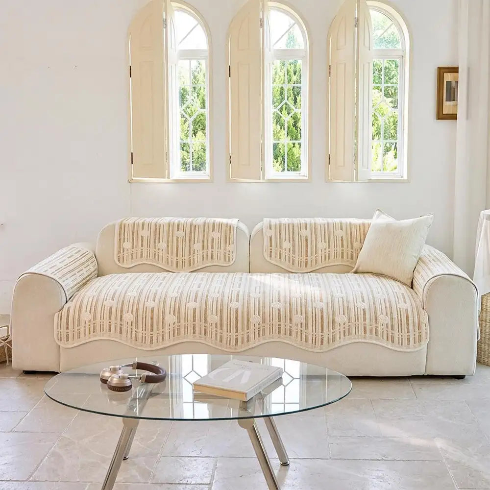Modern Textured Striped Chenille Non-Slip Sofa Cover