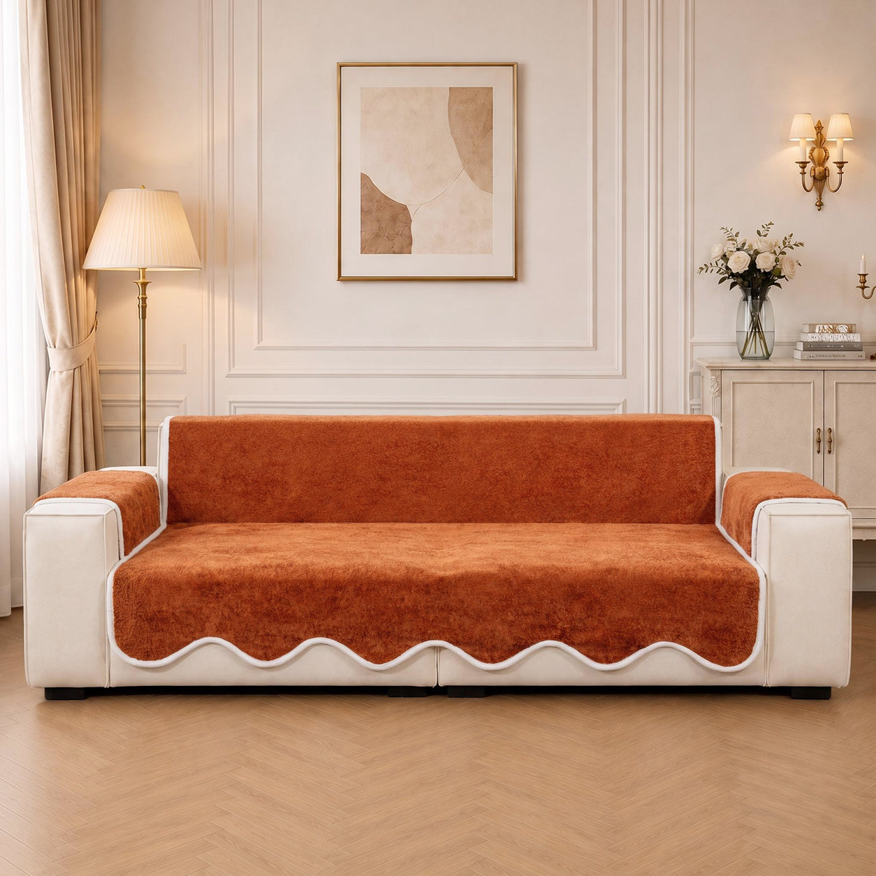 Waterproof Plush Velvet Contrast Wavy Edge Sofa Cover