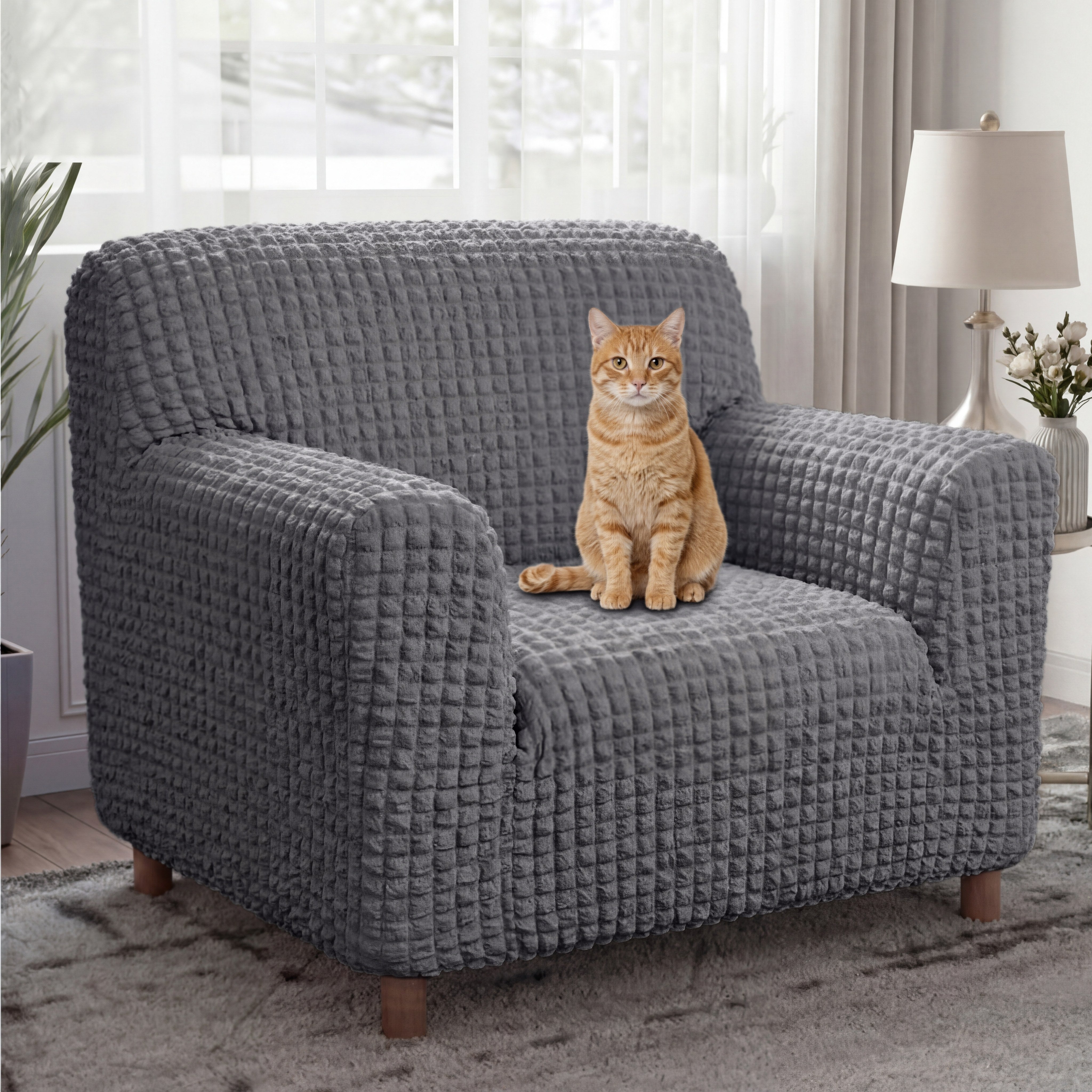 Cream Style Seersucker Breathable Armchair Cover Settee Cover Stretchy Full-Coverage Sofa Cover