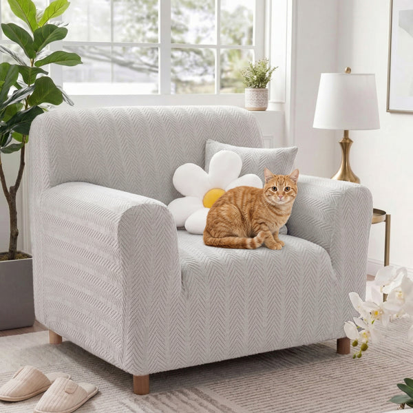 Elegant Herringbone Cream Aesthetic Stretch Sofa Cover Armchair Cover