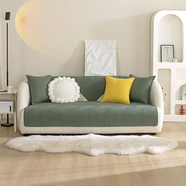 Minimalist All-Season Solid Cotton Geometric Quilted Anti-Slip Sofa Cover