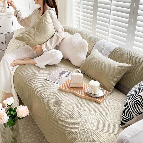 Minimalist All-Season Solid Cotton Geometric Quilted Anti-Slip Sofa Cover