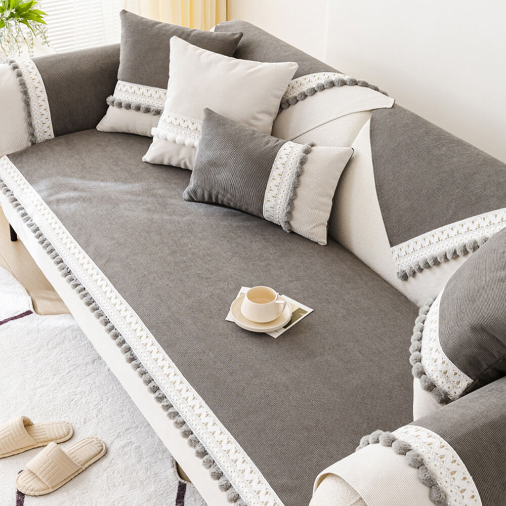 All-Season Waterproof Anti-Scratch Soft Corduroy Sofa Cover with Pom-poms