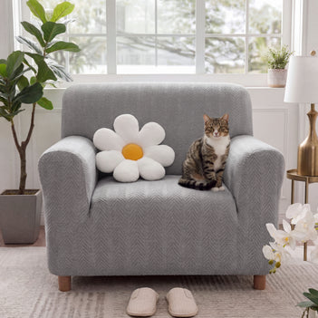 Elegant Herringbone Cream Aesthetic Stretch Sofa Cover Armchair Cover