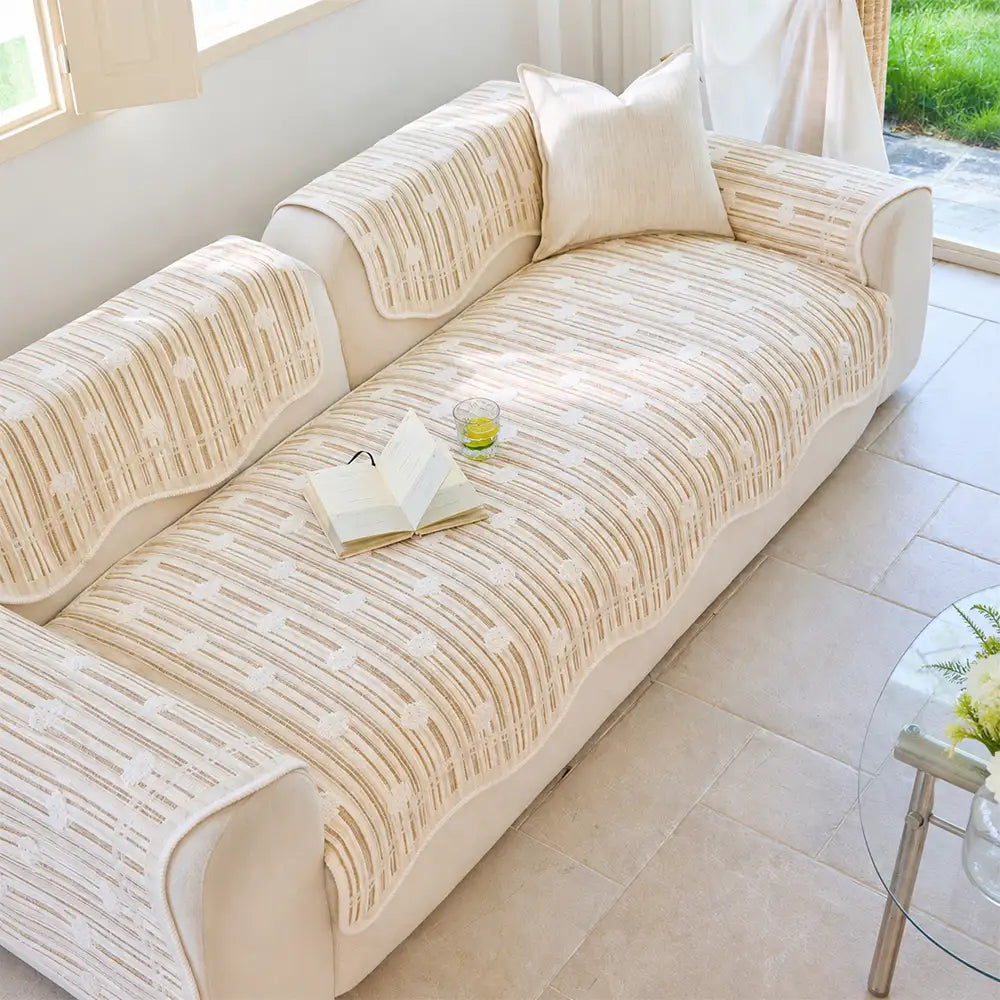 Modern Textured Striped Chenille Non-Slip Sofa Cover