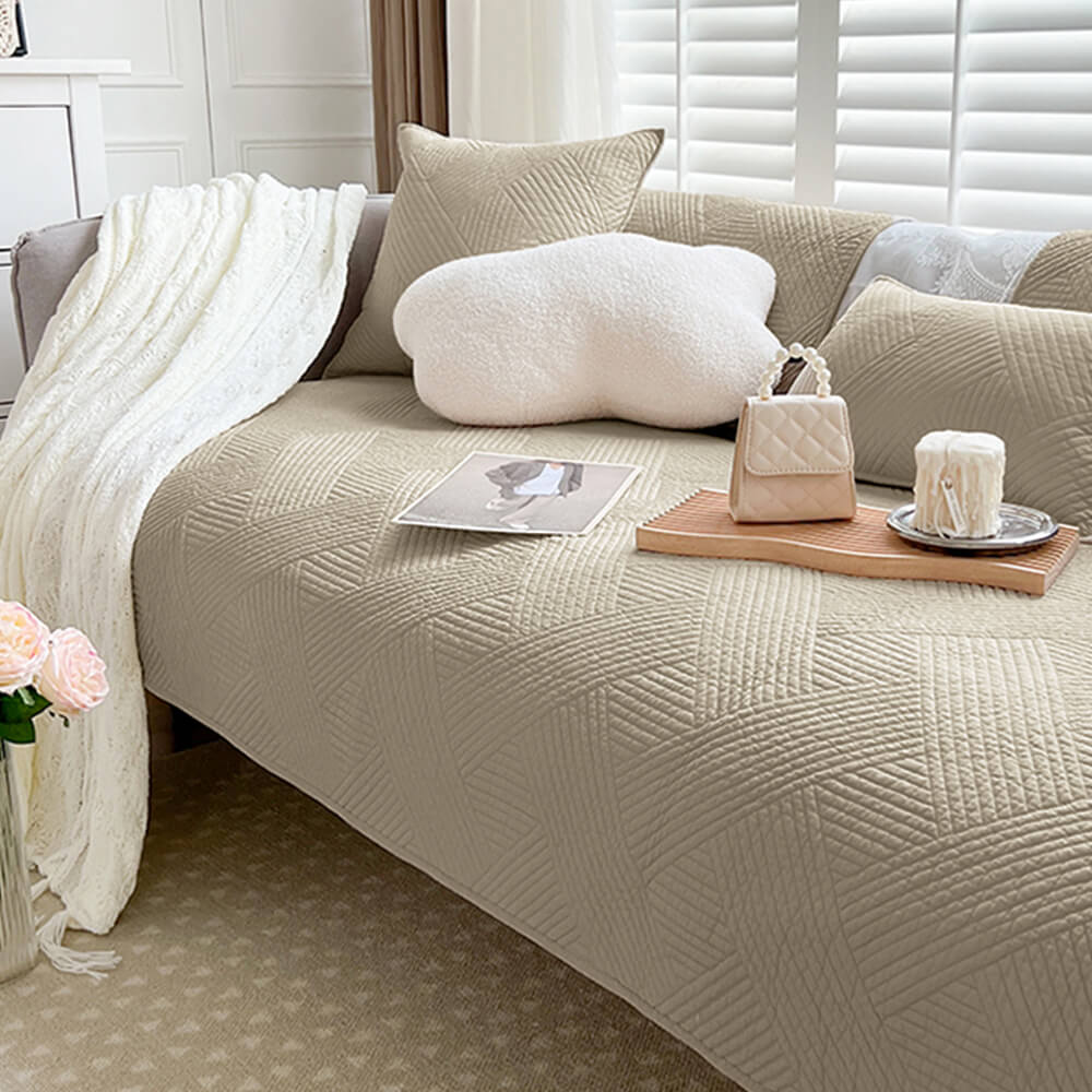 Minimalist All-Season Solid Cotton Geometric Quilted Anti-Slip Sofa Cover