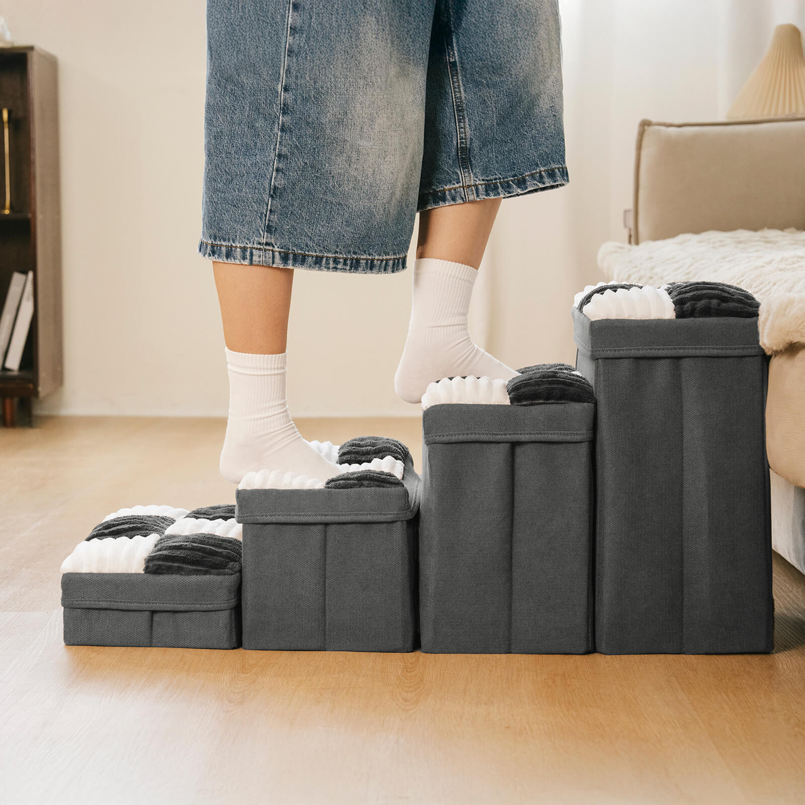 Detachable Chessboard Plaid Handcrafted Dog Steps with Storage - Foldable Steps