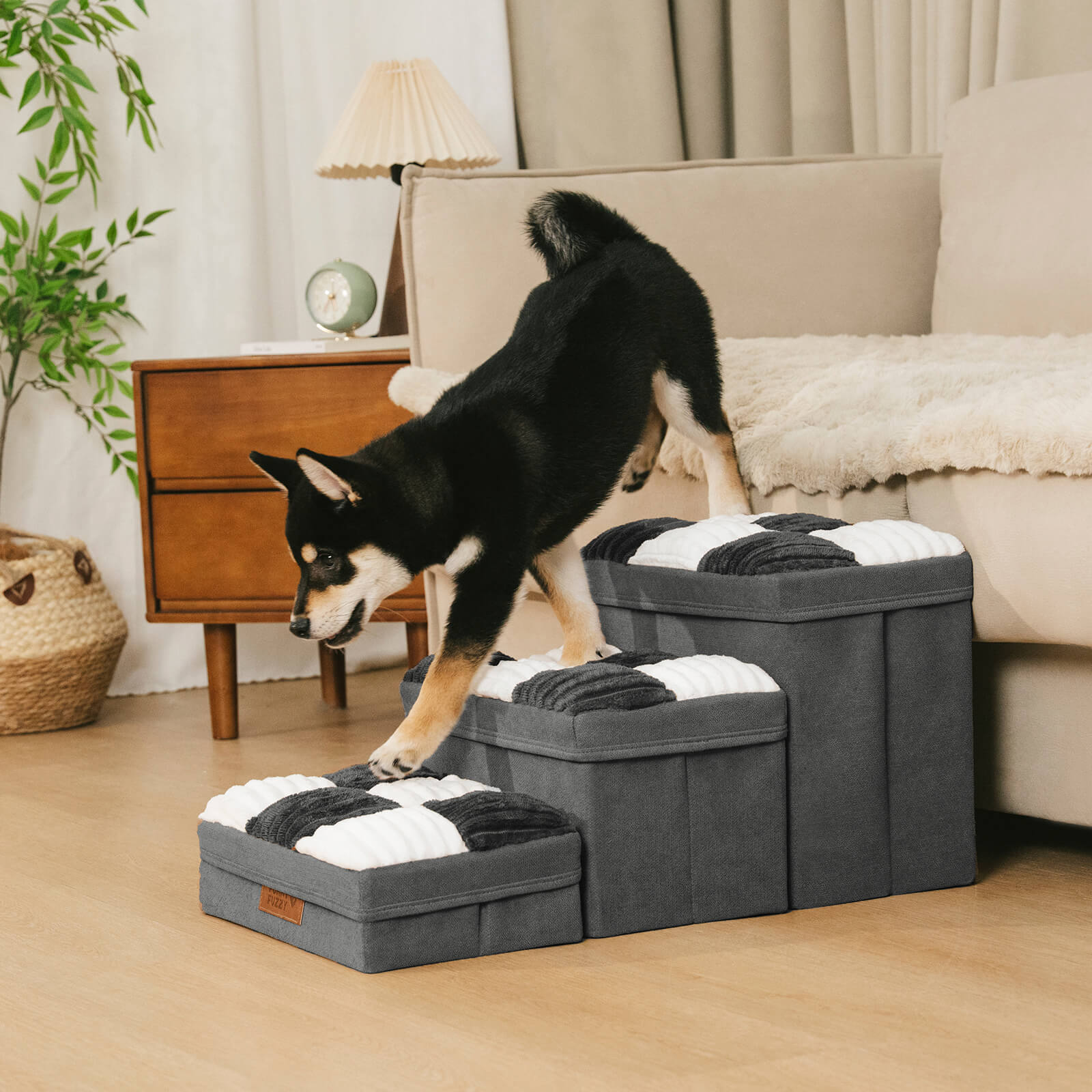 Detachable Chessboard Plaid Handcrafted Dog Steps with Storage - Foldable Steps